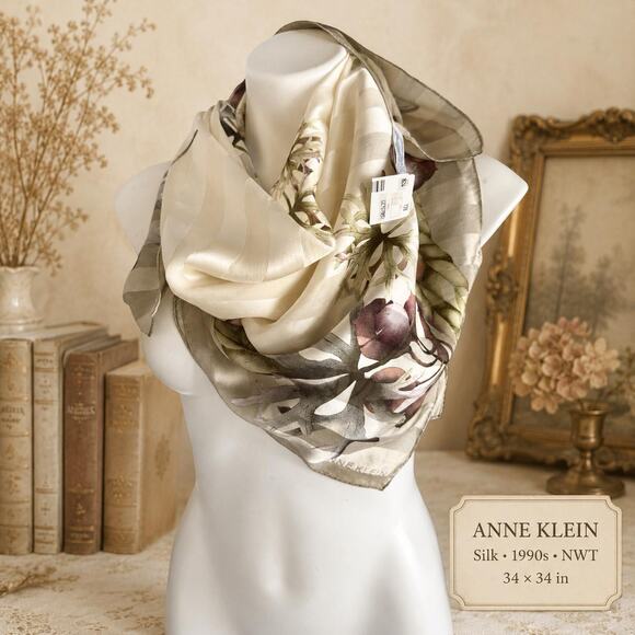 Anne Klein Accessories - Vintage Anne Klein 1990s Silk Ivory Striped Pomegranate Scarf NWT 34x34